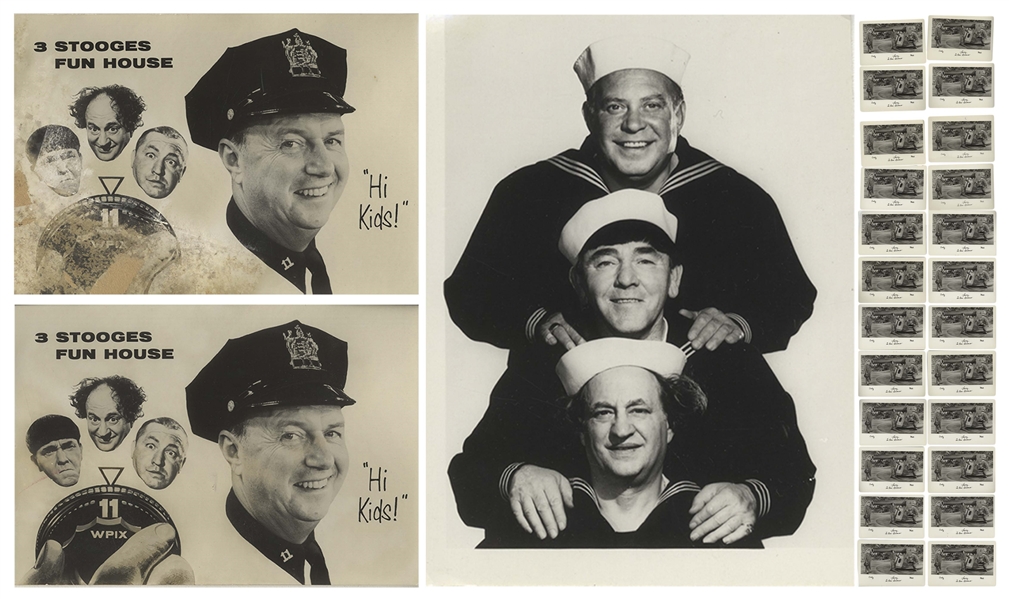 Large Lot of 119 Promotional Photos of Moe Howard & The Three Stooges -- Most Measure 4'' x 5'' With Either Curly or Shemp, Though Besser & Curly Joe Are Included in Some -- Most Are Near Fine